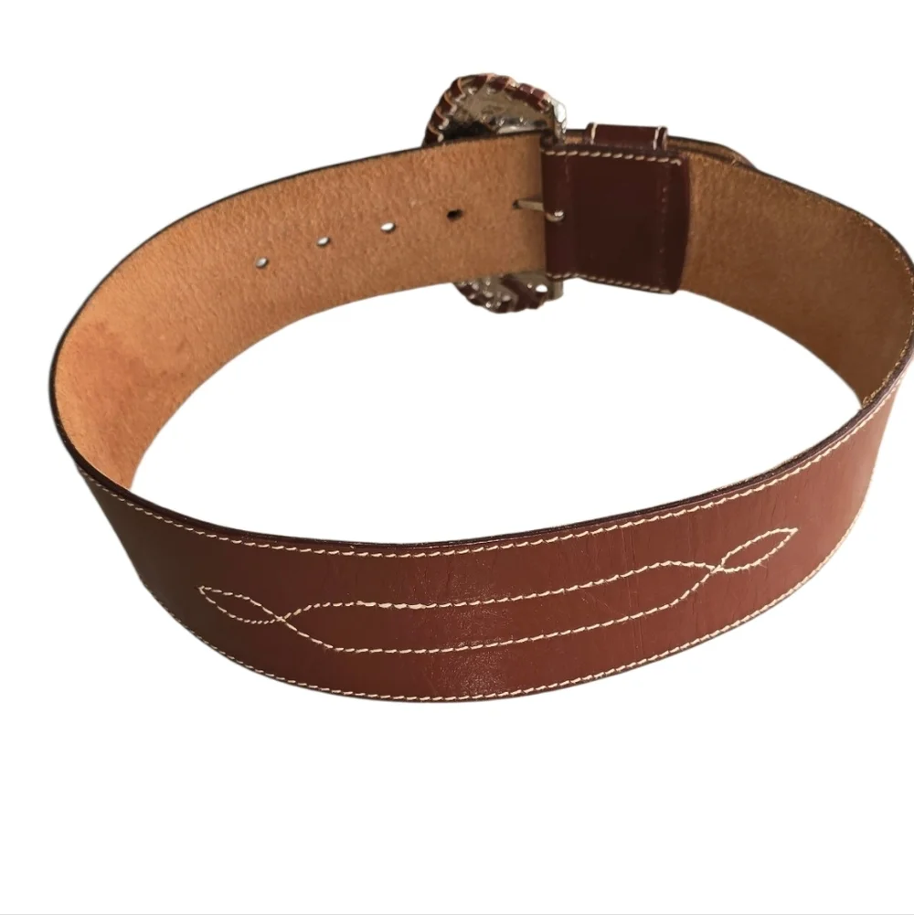 DMP Vintage Western Brown Leather Belt with Silver Buckle